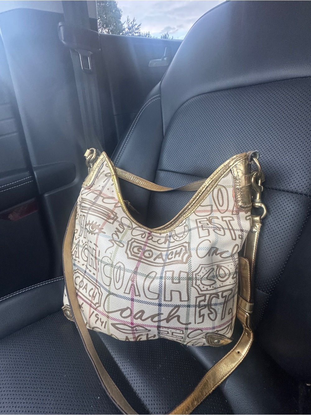 Coach Multicolor Signature Canvas Shoulder Bag with Gold Trim